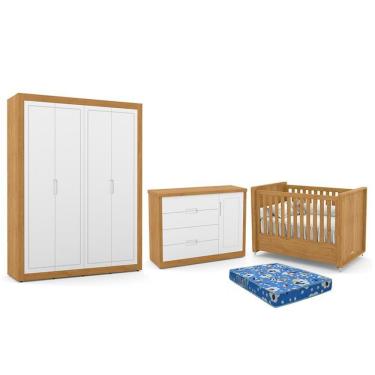 Imagem de Dormitório Tutto New 4 Portas, Cômoda 1 Porta, Berço Freijó-branco Soft Com Colchão - Matic Móveis Freijó-branco Soft