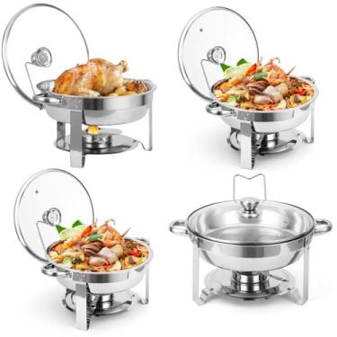 Imagem de Conjunto de 4 pratos de fricção para buffet, buffet de aço inoxidável de 5 QT, aquecedores de alimentos redondos com tampa de vidro e suporte de tampa para festas, reuniões, eventos, banquete de