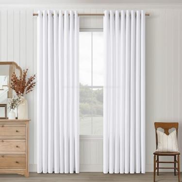 Imagem de Cortinas de linho branco de 203 cm de comprimento, 2 painéis para sala de estar, janela grande, bronze com ilhós, cortinas brancas semitransparentes, luz, privacidade do chão ao teto, painéis de