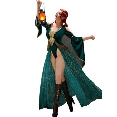 Imagem de Mobbunny Fantasia feminina de derivação de jogos, lingerie sexy, body verde medieval, feiticeira, bruxa, cosplay, decote em V profundo, Verde, G