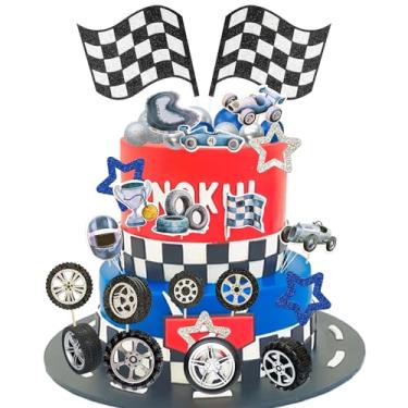 Imagem de Gyufise 41Pcs Racing Wheel Cake Topper Star Foam Ball Flag Tyre Cake Decorations for Man Boy Kid Birthday Party Racing Theme Party Race Car Party Favor Supplies Blue