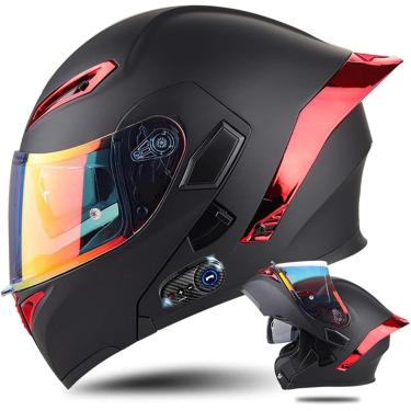 Imagem de Capacetes Bluetooth para motocicleta com flip up frontal, capacetes modulares flip-up com capacete Bluetooth, capacete facial completo aprovado pela ECE, capacete de scooter, viseiras duplas