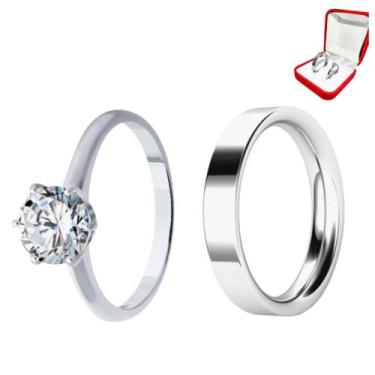 Imagem de Anel Prata Namoro 4mm Reto Namorados Luxo Casal + Anel Solitário 2mm P