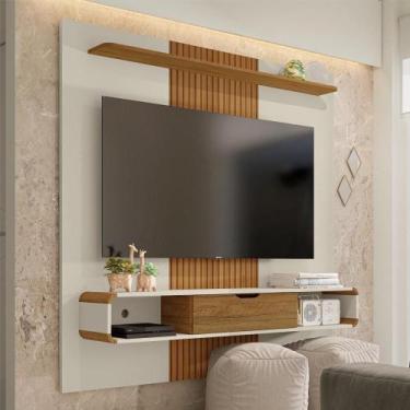 Imagem de Painel para TV com Porta Damadine Off White Cinamomo Pintura 3D Ripada