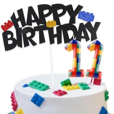 Imagem de Building Block Cake Decorations with Happy Birthday Cake Toppers and Birthday Candles Numbers 11, Building Block Birthday Party Deco for Kids