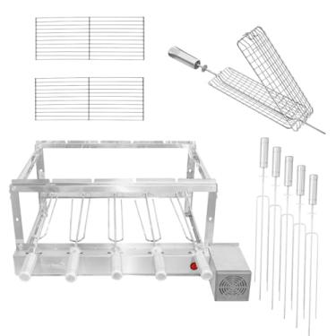 Imagem de Kit Churrasqueira Elétrica Giratória Gira Grill 5 espetos + Grelhas Auxiliares + Espetos Grelha, 100% Inox (Motor Direita)