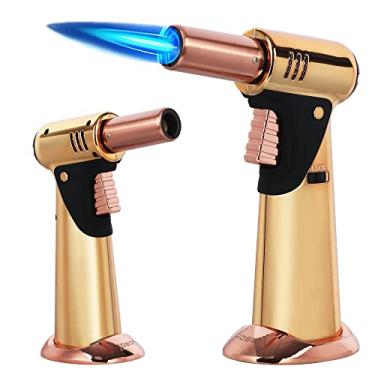 Imagem de Tocha de butano, isqueiro de cozinha grande com chama dupla premium, com trava de segurança, ajustável, recarregável, culinária, para creme, brulee, assar, churrasco (gás butano não incluído)