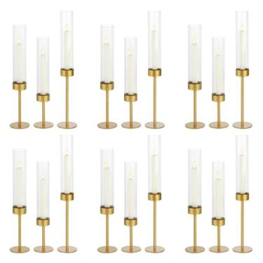 Imagem de Conjunto de castiçais de vidro Hurricane (18 peças) - Castiçais cônicos com base de metal dourado para decoração de castiçais, mesa de jantar elegante para casamento, Natal e decoração de casa - vidro