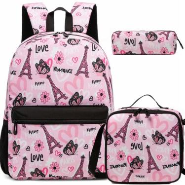 Imagem de Oruiji Mochila escolar para meninas de 8 a 12 anos, mochila com lancheira de volta às aulas, Torre rosa, 16*11.8*6.7 inches