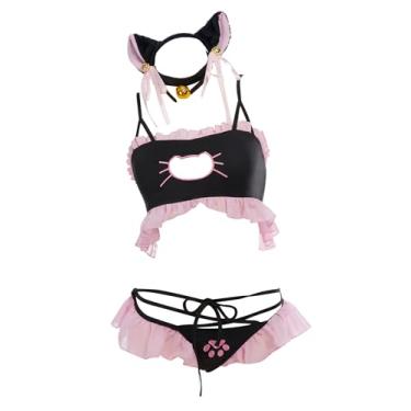 Imagem de MEOWCOS.COM Conjunto de biquíni feminino estilo gatinho menina com babados para usar em casa, lingerie de cosplay com colar e touca (P-M, preto e rosa)