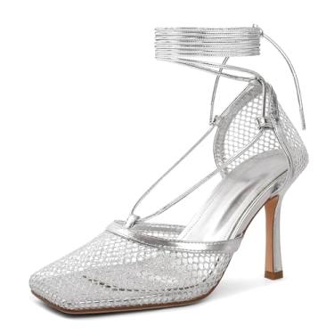 Imagem de SAMMITOP Sandálias femininas de salto alto com tiras e cadarço de malha de bico quadrado salto alto salto alto bico fechado sapatos de verão 3,5 polegadas, Prata, 38