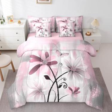 Imagem de Feelyou Conjunto de edredom para meninas, solteiro, com estampa de margarida, borboleta, floral, vintage, para meninos e mulheres, adolescentes, rosa, branco, cinza, simples, moderno, arte abstrata