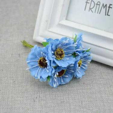 Imagem de Flores artificiais de cerejeira, vaso de casamento para decoração de casa, buquê de noiva, plantas de seda artesanais (azul)