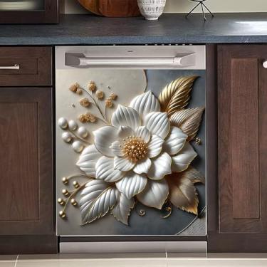 Imagem de Adesivo magnético para lava-louças, capa reutilizável para painel de geladeira e lavadora - Adesivo decorativo fácil de aparar 58 cm L x 66 cm A para eletrodomésticos (flores em relevo de metal, 58 cm