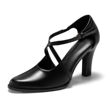Imagem de Coutgo Sapato social feminino de salto alto grosso, bico fino, tira cruzada, fivela, escarpim vintage D'Orsay para festa, Preto, 36