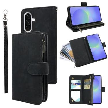 Imagem de Dibosom Capa carteira para Samsung Galaxy A56 5G com cordão de pulso e couro vintage premium flip porta-cartão de crédito acessórios capa de celular para A 56 56A LTE mulheres homens preto