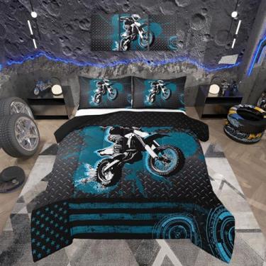 Imagem de Feelyou Conjunto de edredom infantil azul e motocicleta, esportes radicais, para decoração de quarto de crianças, meninos, meninas, adolescentes, edredom de corrida de motocross, microfibra macia