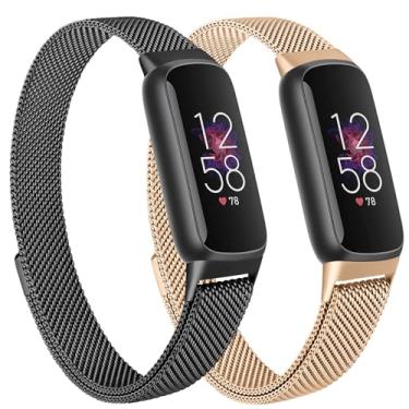 Imagem de Oumida Pulseira de metal de malha compatível com Fitbit Luxe, pulseira ajustável de aço inoxidável, mulheres e homens, pulseiras de substituição para rastreador de saúde e fitness, preto + ouro