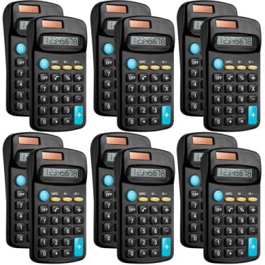 Imagem de 12 pacotes de mini calculadoras pretas de tamanho de bolso, calculadoras básicas para estudantes inclinados à mão, exibição de 8 dígitos, bateria solar, calculadora pequena de energia dupla para