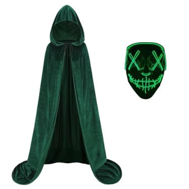 Imagem de AGCOAH Unisex Velvet Cloak with Hood Adult Long Hooded Cape with Luminous Mask Men Women Medieval Renaissance Halloween Witch Cosplay Green Poncho 170CM