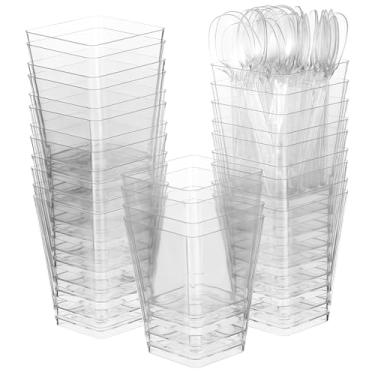 Imagem de DECHOUS Pacote com 30 mini copos de sobremesa de plástico de 142 g com colheres - Copos de parfait de pudim quadrados pequenos transparentes para frutas, iogurte, mousse, sorvete, festa, casamento