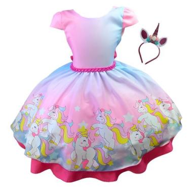 Imagem de Vestido Tématico Unicornio Rosa Festa Luxo Aniversário Festa Com Tiara