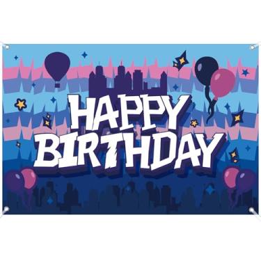 Imagem de SAVITA Painel Aniversário Videogame, 152x100cm Vibrante, Gaming Banner Happy Birthday Cidade Estampas Balões Decoração Festa para Meninos Acessórios para Cabine Fotos Decoração Parede