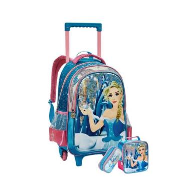 Imagem de Kit Escolar Mochila Rodas + Lancheira + Estojo Princesa Gelo - Denlex
