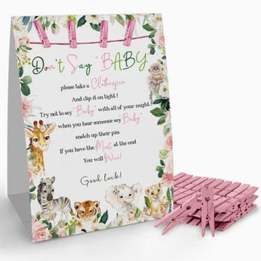 Imagem de skuhyyg Jogo De Prendedor Roupa Don'T Say Baby (1 + 50 Mini Prendedores Roupa), Chá Bebê Safari Com Rosas Rosa, Decoração Para Bebê, É Uma Menina