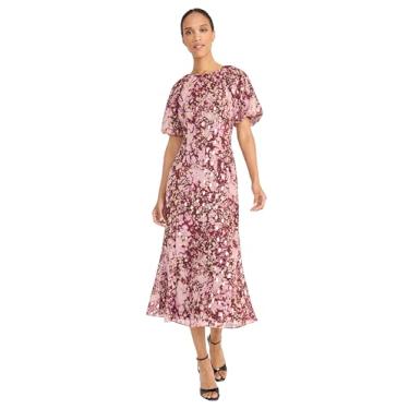 Imagem de Maggy London Vestidos femininos midi evasê chiffon bufante mangas bufantes - vestidos florais para convidados de casamento, Brandy/Peach Bud, 36