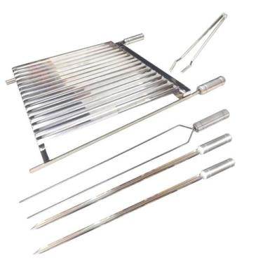 Imagem de Kit Grelha Argentina Inox Churrasco 70x50+ Espetos + Pegador - INOX LA