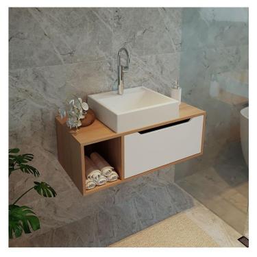 Imagem de Balcão Gabinete Para Banheiro Suspenso Ambiente Bn3644 Amêndoa Branco - Tecnomobili