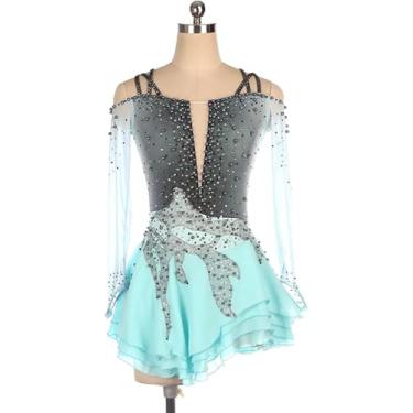 Imagem de Crianças Meninas Figura Vestido De Patinação No Gelo Mulheres Brilho Strass Malha Emenda Com Mangas Na Ponta Dos Dedos, Costas Abertas Ginásio Collant Tutu Vestido Traje De Desempen, Blue, M