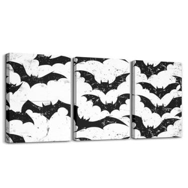 Imagem de jejeloiu Decoração de Halloween infantil arte de parede em tela para sala de estar quarto morcegos pretos imagem parede para banheiro assustador padrão de Halloween meninos meninas arte pôsteres