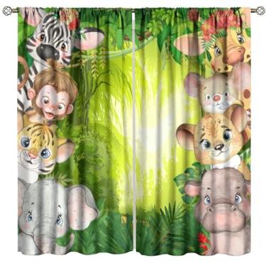 Imagem de Fblifil Cortinas de desenho animado para crianças, animais selvagens, floresta, selva, tropical, leão, elefante, varão, bolso para varão, para bebês, meninos, quarto, sala de estar, berçário, sala de