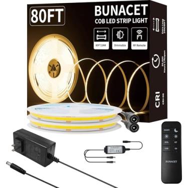 Imagem de BUNACET Fita de luz LED COB de 24 m (2 rolos de 12,2 m) branco quente regulável 3000K alto lúmen CRI 90+ com adaptador de alimentação 24V6A RF remoto luzes de LED para quarto balcão sob armário