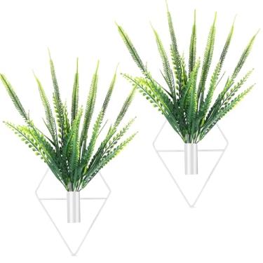 Imagem de Canlierr 2 peças de decoração de parede com plantas artificiais, vaso suspenso de metal, suporte de plantas internas, arte moderna de parede boho para banheiro, quarto, sala de estar (branco