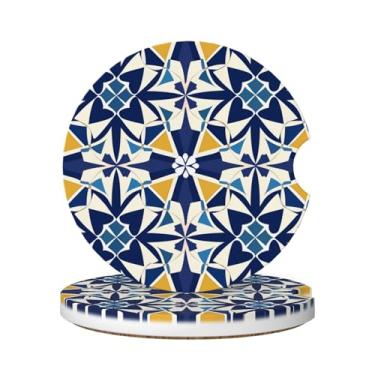 Imagem de Neukim Pacote com 2 porta-copos de azulejo geométrico azul e amarelo, porta-copos absorvente de cerâmica antiderrapante de 6 cm com base de cortiça e entalhe de dedo, acessórios de carro interiores