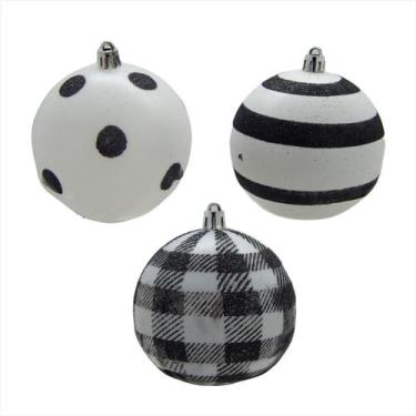 Imagem de Bola De Natal Xadrez Bolinha Branca Preta C/3 Un. 8Cm - Magizi