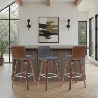 Imagem de Banqueta giratória moderna Vienna com assento estofado preto vintage e moldura de madeira com acabamento de nogueira, conjunto de 3