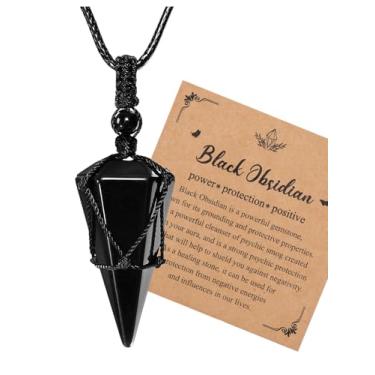 Imagem de Jovivi Colar De Cristal Obsidiana Preta Para Homens E Mulheres, Corda Cera Ajustável, Pedra Natural, Cristais Cura Com Ponta Hexagonal, Pingentes, Joias Pedras Preciosas