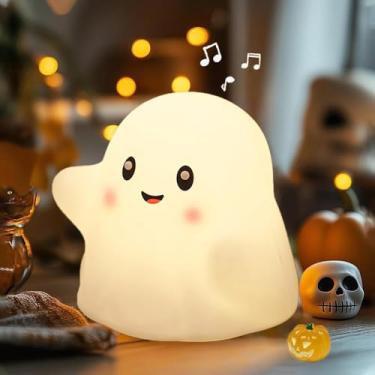 Imagem de Luz noturna fantasma para crianças, luz noturna de Halloween com 13 efeitos sonoros interativos, linda luz de silicone com 3 níveis de brilho, adequada para decorações internas de Halloween e família