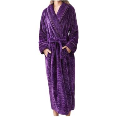 Imagem de Roupas Para Casa Estampas Florais De Pelúcia Spa Roupão De Banho Longo Roupões De Banho Para Mulheres Pijamas De Flanela Cintura Homewear W Bolsos Camisola Pijamas Gravata Slim Fit, Purple, 3XL
