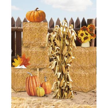 Imagem de KARAQY Conjunto de caixa de fardos de feno para colheita de outono, 6 peças de caixas de papel de 25 cm com 5 recortes de decoração de outono: abóboras, talo de milho, girassóis, folhas de bordo