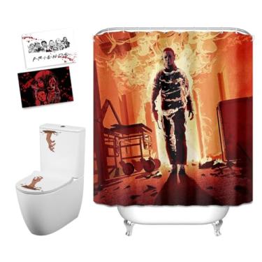 Imagem de Cortina de chuveiro decorativa de Halloween para Michael Myers Walking in Fire, 182 x 182 cm, com 10 ganchos de plástico, inclui adesivo de banheiro e 2 cartões postais de Halloween, perfeita para