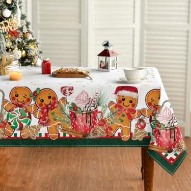 Imagem de Horaldaily Toalha de mesa de Natal retangular 132 × 178 cm, boneco de gengibre verde, enfeite de bola de urso de Natal, lavável para decoração de festa, piquenique, jantar