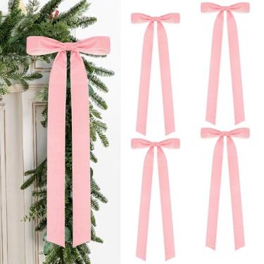 Imagem de 4 peças de decorações de Natal rústicas grandes de veludo – Laço de fita vintage de 60 x 21 cm para enfeite de árvore de Natal, guirlanda, lareira, cornija, escada, decoração de casa (4, rosa)