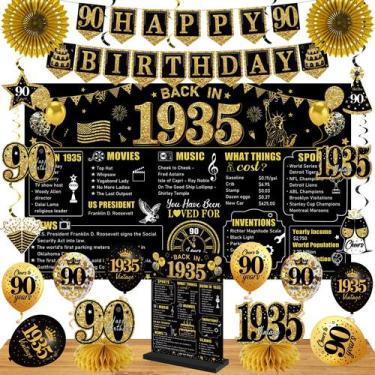 Imagem de Kit de decorações de aniversário Eiurteao 90th Black Gold 24 unidades