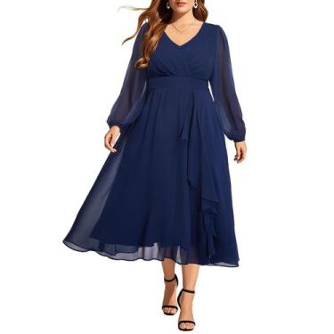 Imagem de Vestido Pinup Fashion Wedding Guest Plus Size em chiffon azul marinho