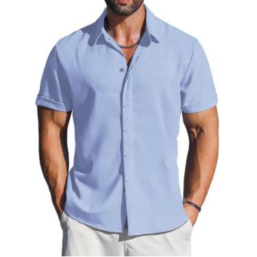 Imagem de Camisa de linho LETSEE, manga curta, casual, com botões, azul claro